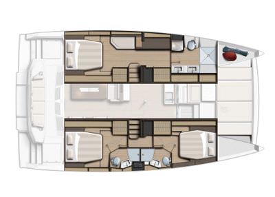 Floor plan of a boat featuring two beds and a sofa, illustrating the layout and space utilization within the vessel.