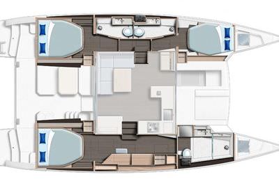 Serenity – Floor plan 02 Floor plan illustration of a catamaran boat, highlighting the design and spatial organization of various areas on board.