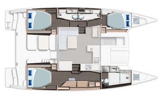Serenity – Floor plan 03 An architectural layout of a catamaran boat, depicting the arrangement of rooms and functional spaces within the vessel.