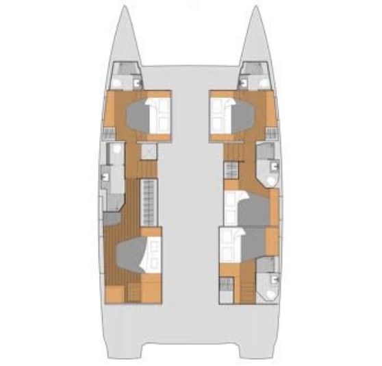 Floor plan of a catamaran featuring two bedrooms and a spacious living area for comfortable living at sea.