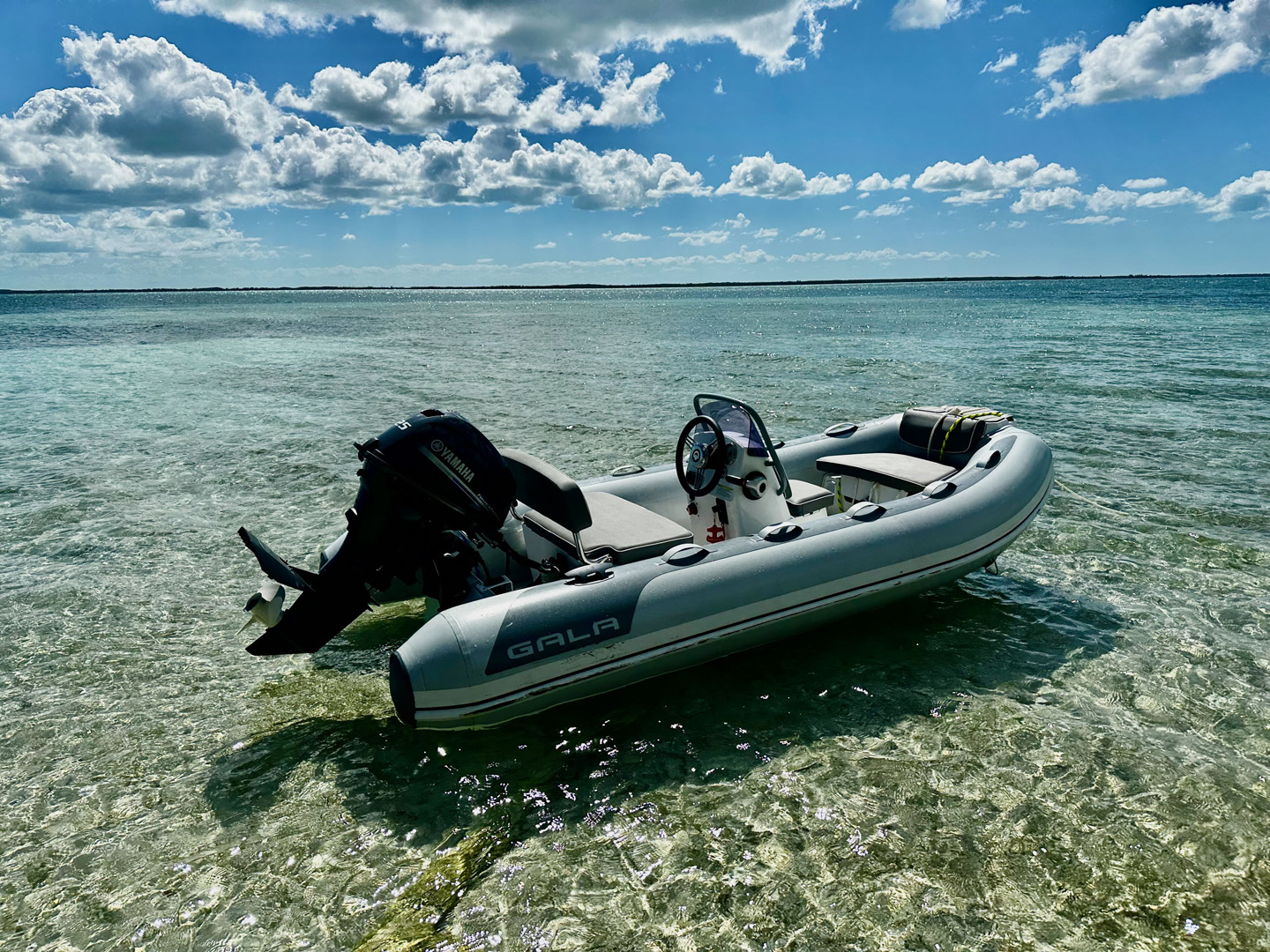 A motor boat floats in shallow water under a clear blue sky, creating a serene outdoor scene.