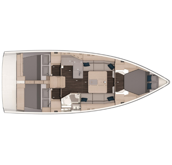 A sailboat featuring a palm tree design on its side, set against a serene water backdrop.