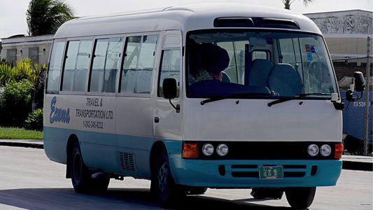 A white and blue bus parked on the street, showcasing its vibrant colors against the urban backdrop.