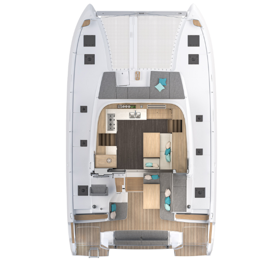 Floor plan of a catamaran featuring two bedrooms and a spacious living area for comfortable living at sea.