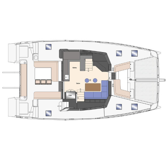 Floor plan of a catamaran featuring two bedrooms and a spacious living area for comfortable living at sea.